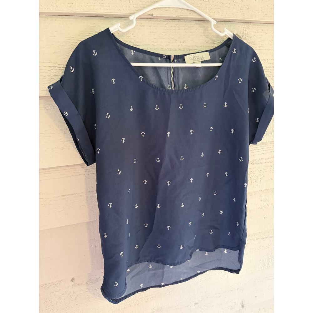 Olive & Oak Navy Anchor Print Blouse Size Medium Nautical Short Sleeve Top - Picture 4 of 8